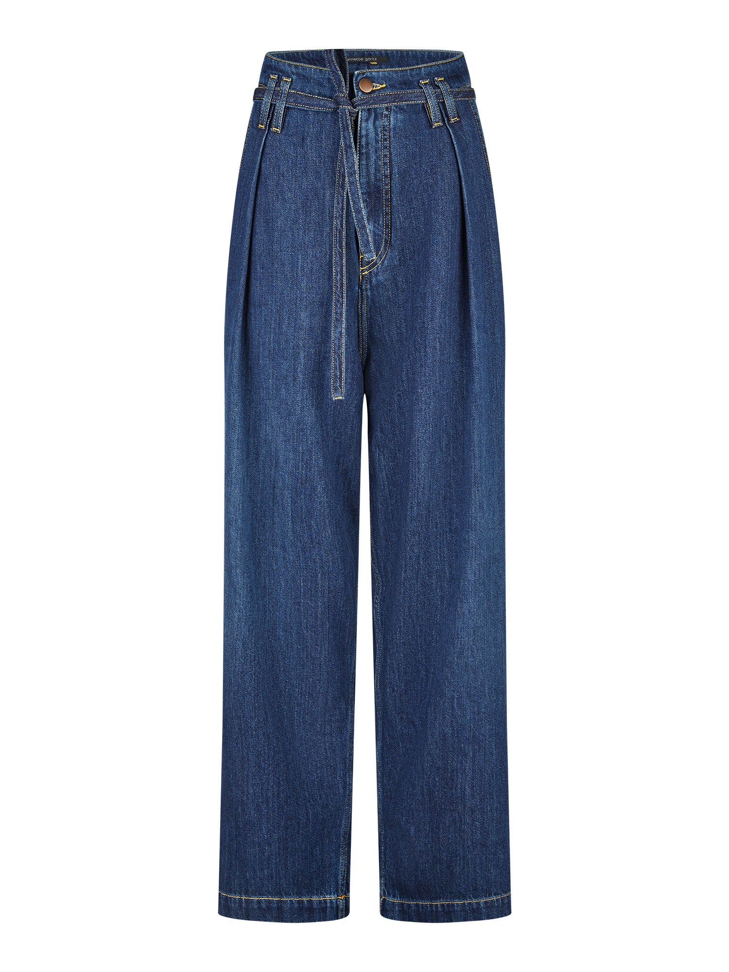 Front view of blue denim pants with waist tie from Annette Görtz on a white background