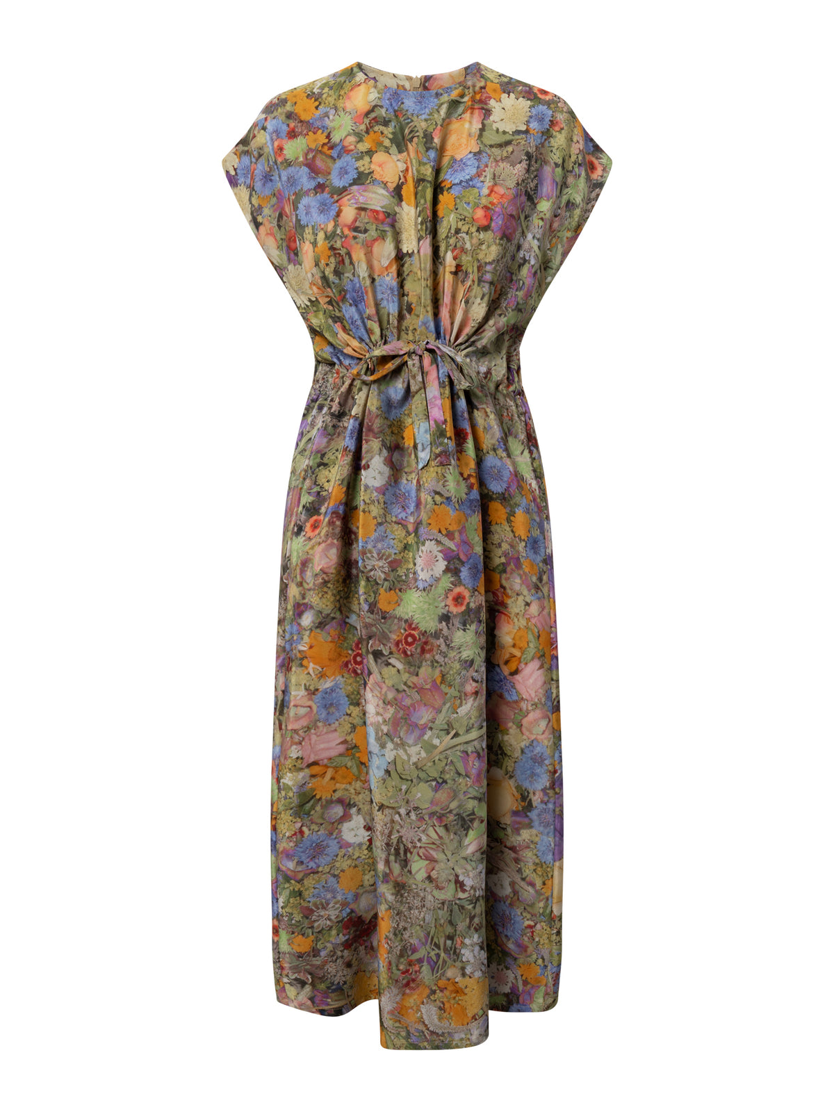 Simple Dress in Print G by Anntian, front view of relaxed-fit organic silk midi dress with all-over floral print in blues, purples, oranges and pinks, V-neckline, cap sleeves and self-tie waist bow, Spring/Summer 2026