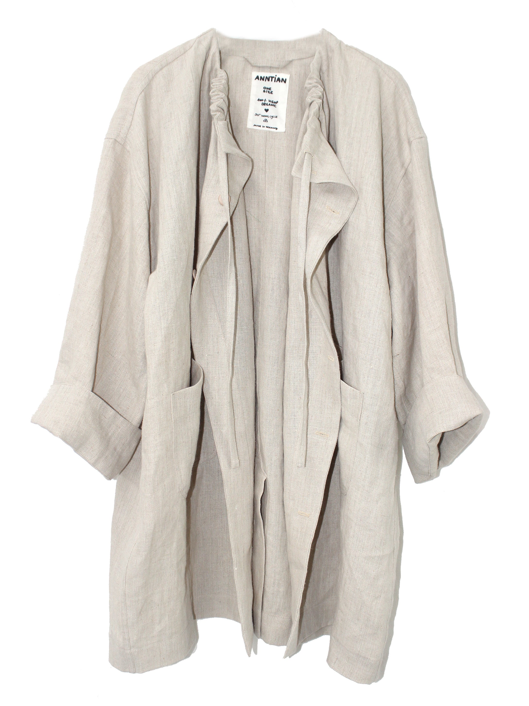 Anntian Trench Jacket Hemp in Natural, an off-white loose-fit hemp jacket with an adjustable drawstring around the neck, shown flat from the front on a white background
