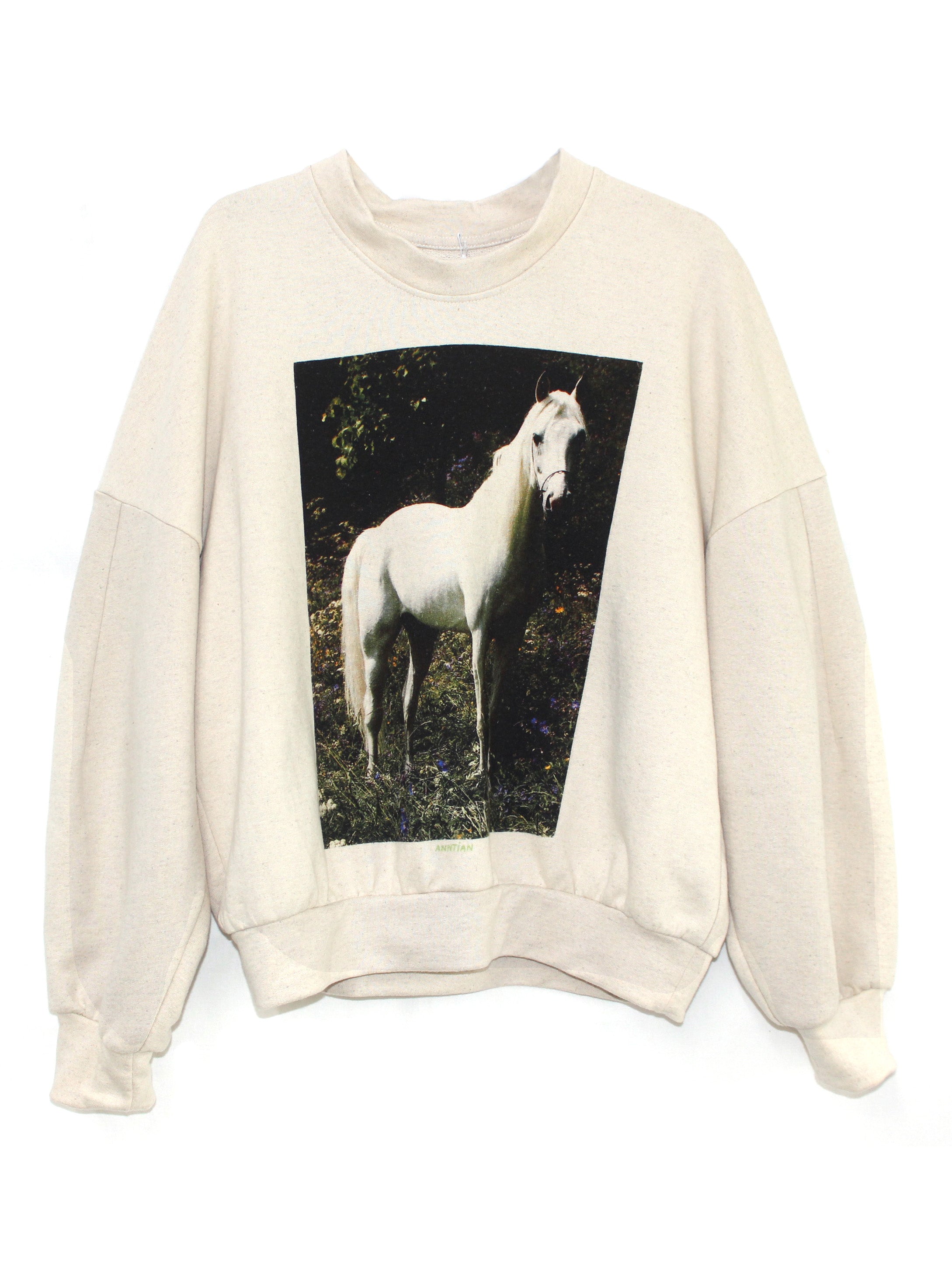 Anntian Unisex Sweater in Horse, an off-white sweater with a white horse print, round neck, and wide fit, shown flat from the front on a white background