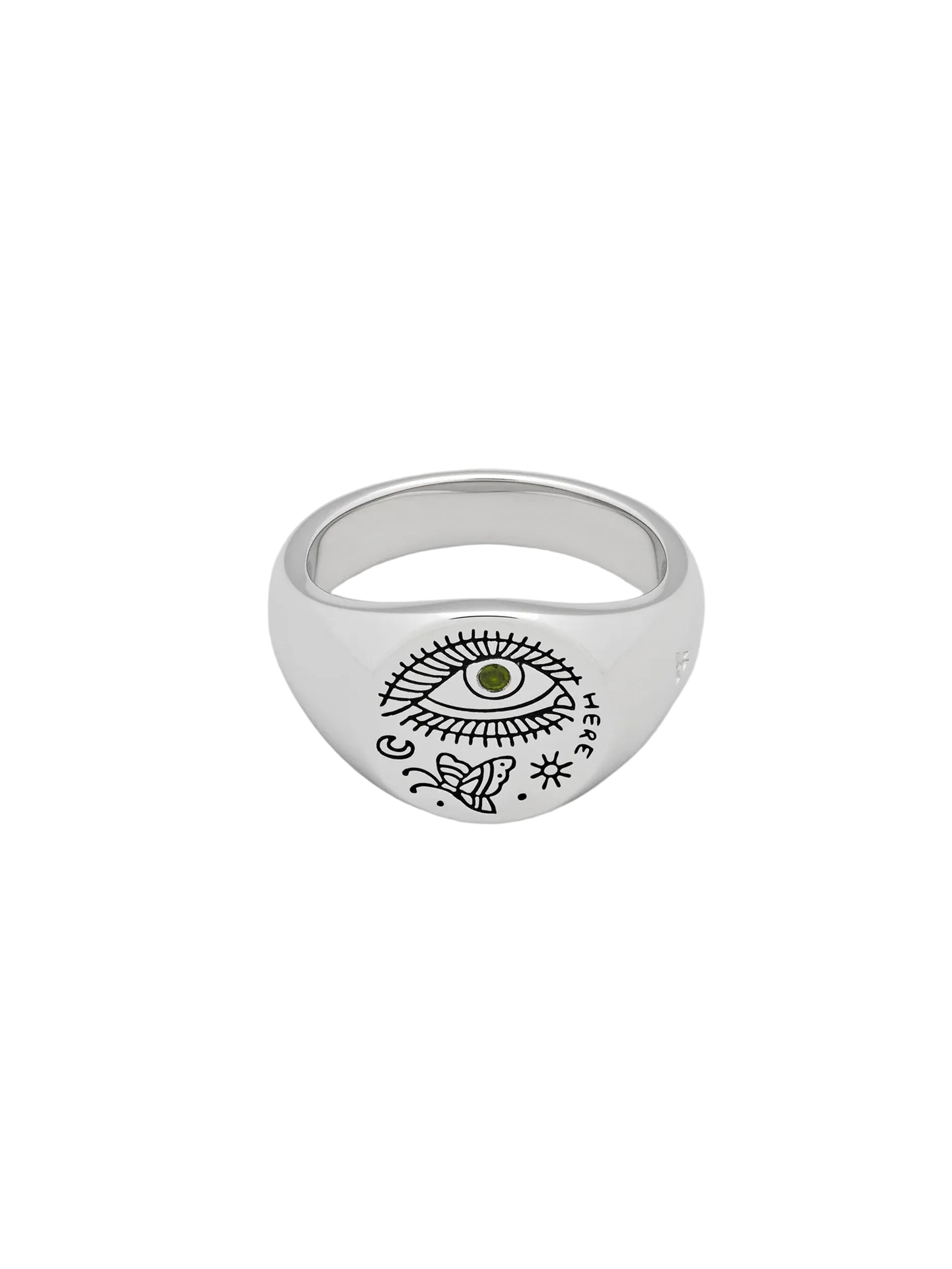 Tom Wood Butterfly Ring in sterling silver with engraved motif and green tourmaline