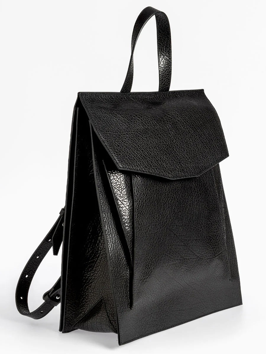 Merryl Tielman Claudie Black Pebbled backpack angled front view