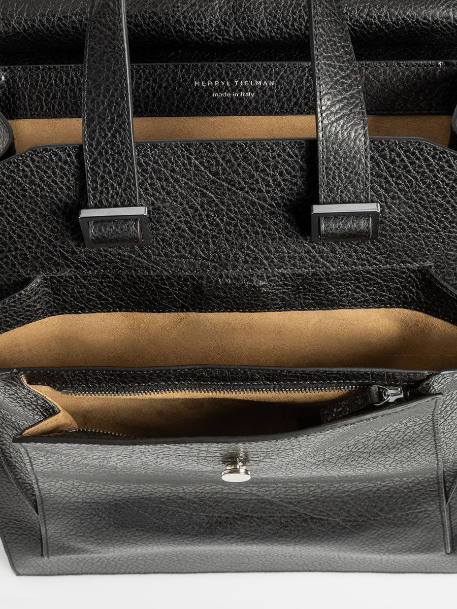 Merryl Tielman Claudie Black Pebbled backpack interior storage detail