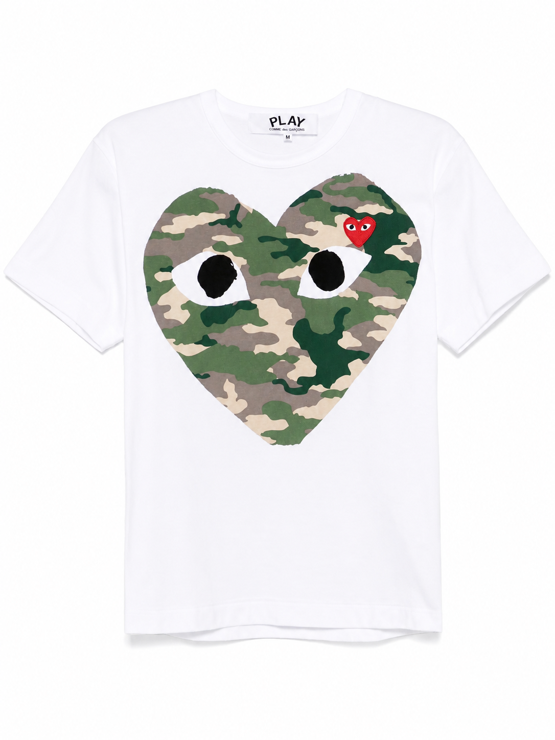 Comme des Garçons Play Unisex Short Sleeve Camouflage Shirt Red Heart in white cotton with large camouflage heart print and red embroidered logo