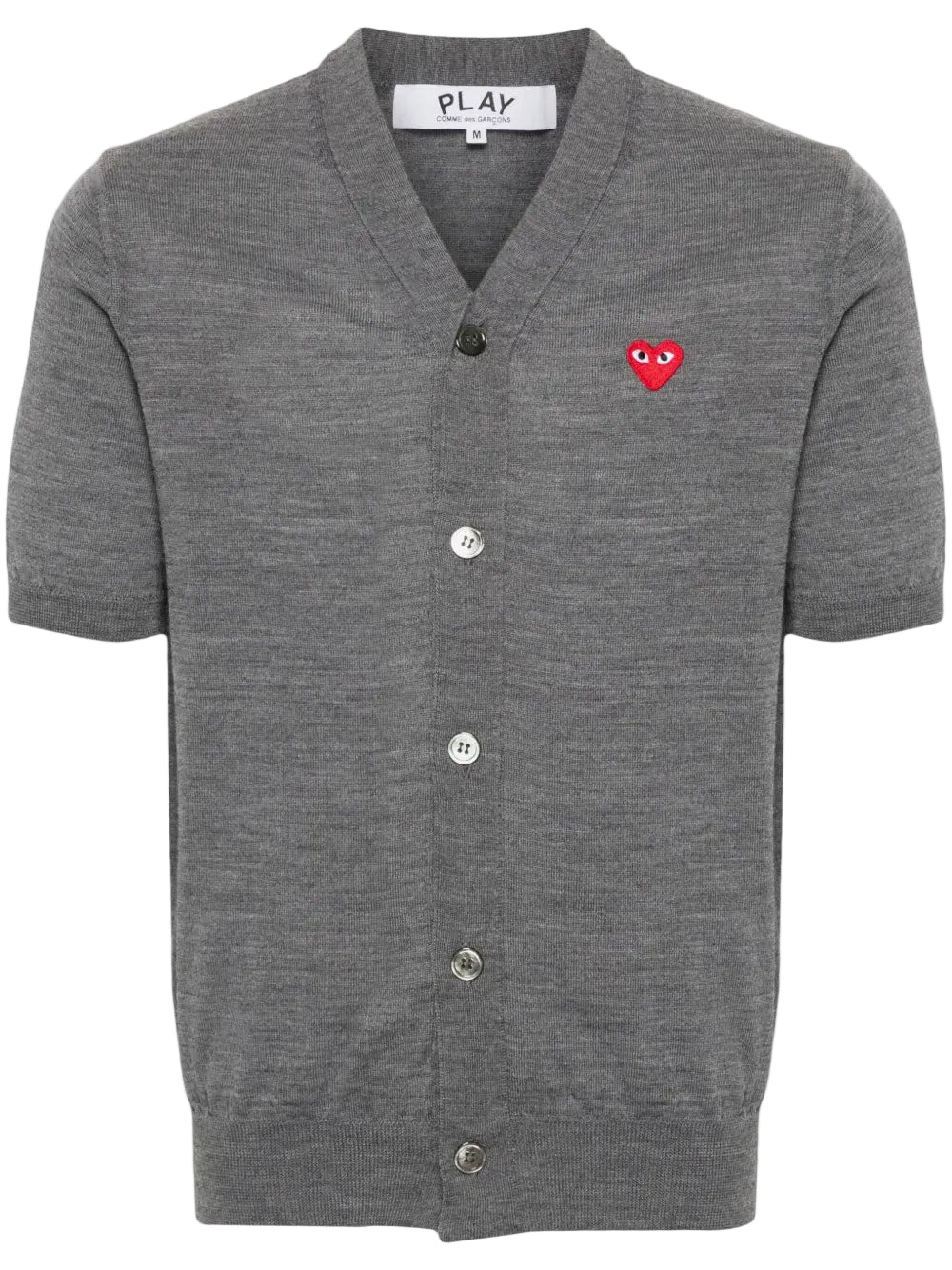 COMME des GARÇONS PLAY V-Neck Knit Cardigan Red Heart in Grey shown from the front with short sleeves, button fastening and signature heart appliqué.