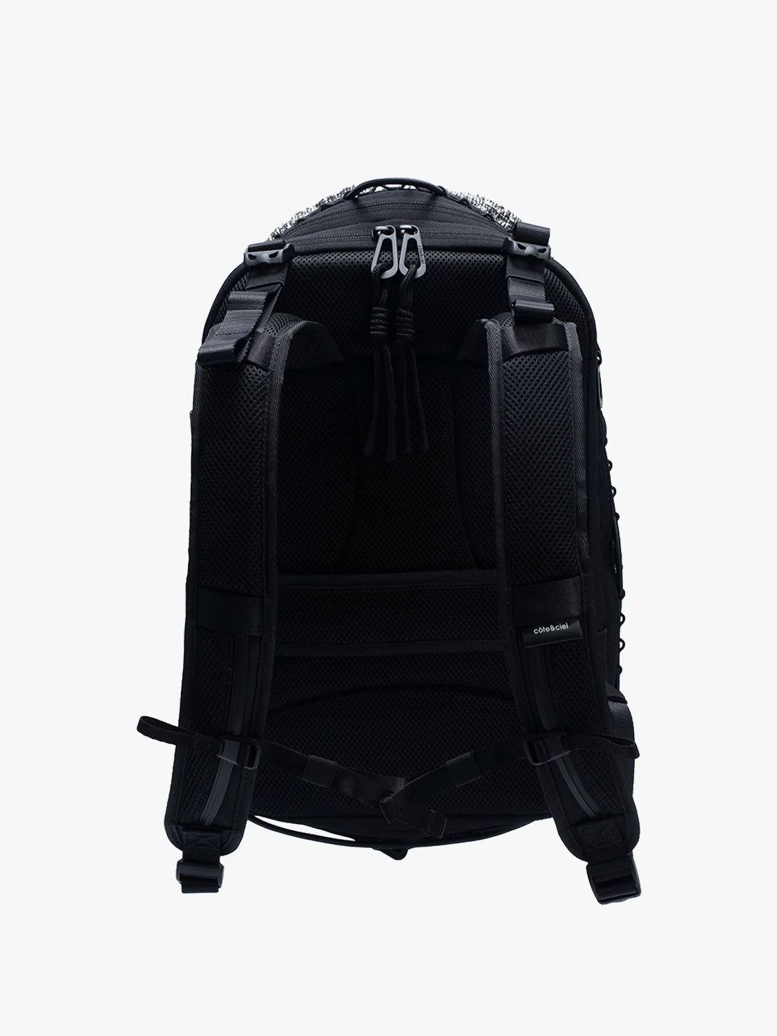 Back view of Côte & Ciel Ladon Tweed in Black & Cream backpack showing padded mesh panel and adjustable shoulder straps