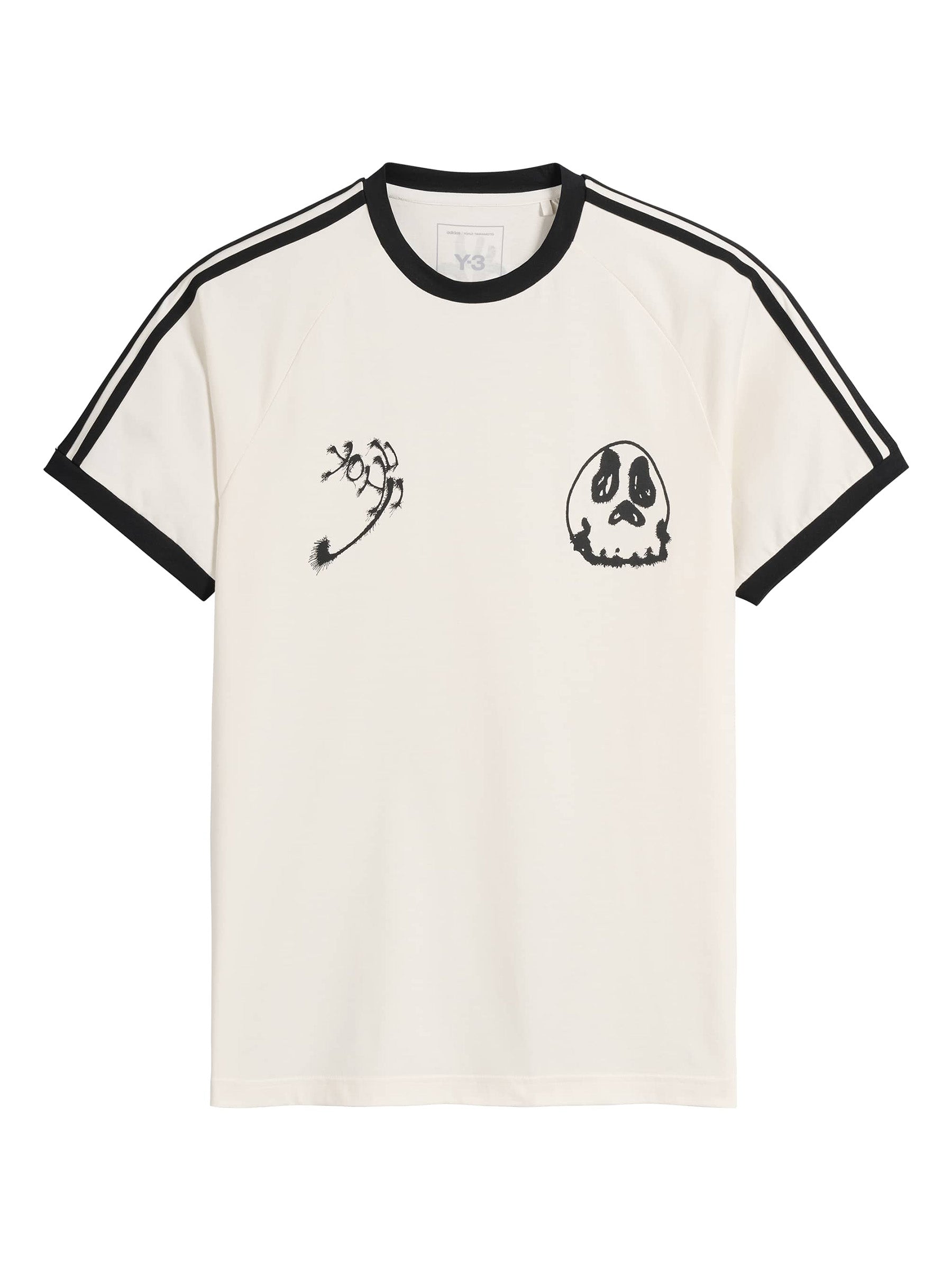 Y-3 Graphic Cali Short Sleeve Tee in Core White - flat lay showing front graphic print with skull motif and contrast 3-Stripes at shoulders
