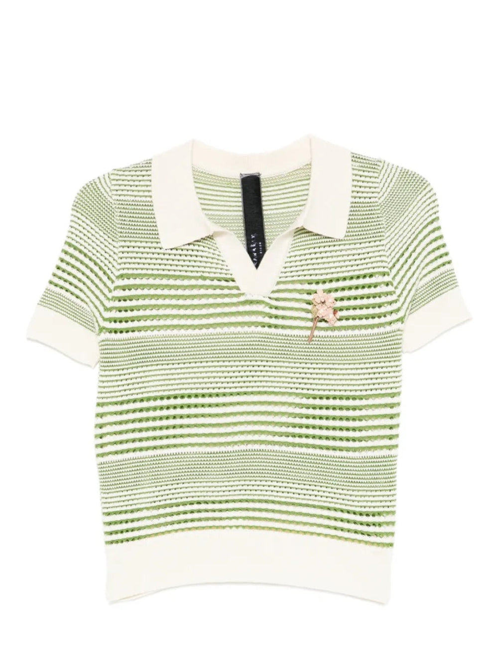 Ka Wa Key Grandma's Bloom Polo Shirt Tea Garden - front view showing striped knit, V-neck and collar