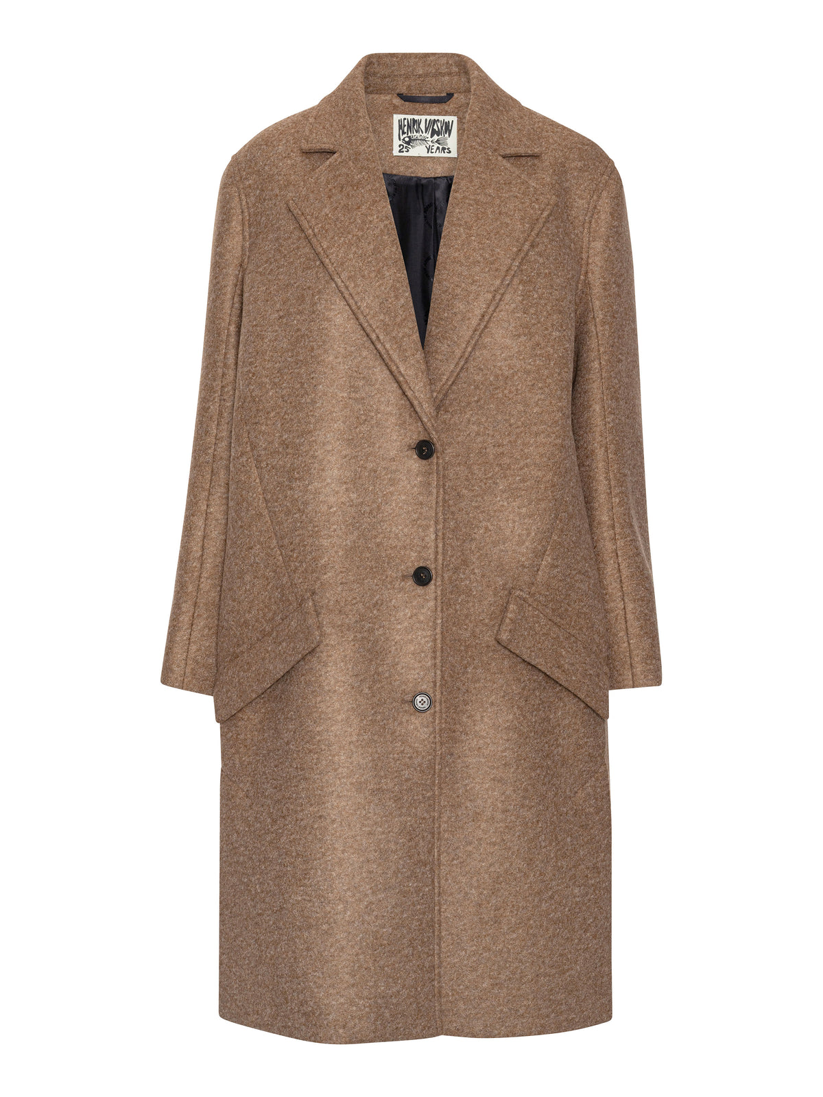 Henrik Vibskov 3D Coat in Camel with longline silhouette, wide notch lapels, single-breasted front and angled pockets. ID: ARCHIVE-F601