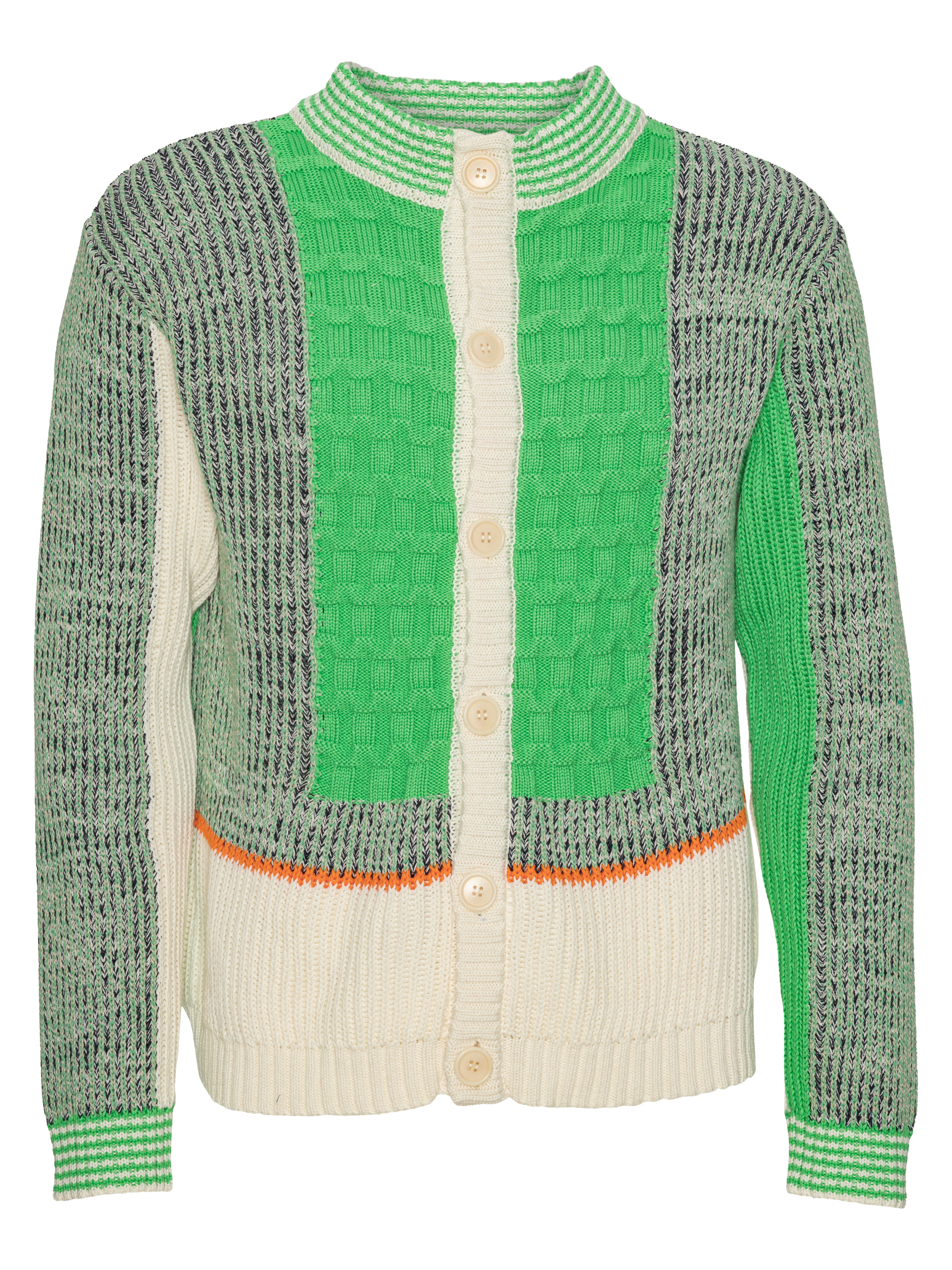 Front full-body packshot of the Abundance Cardigan in green, grey, and navy with beige details, from Henrik Vibskov Spring/Summer 2026 Studio Collection, featuring a block design, long sleeves, front button closure, and straight hem.