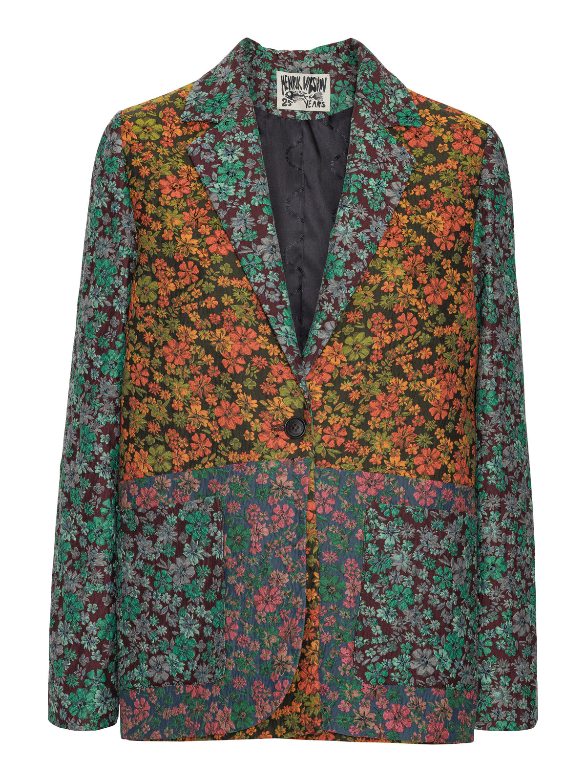 Henrik Vibskov Always Blazer in Floral Affairs with floral patchwork pattern, lapel collar, single-button front and patch pockets. ID: ARCHIVE-F612