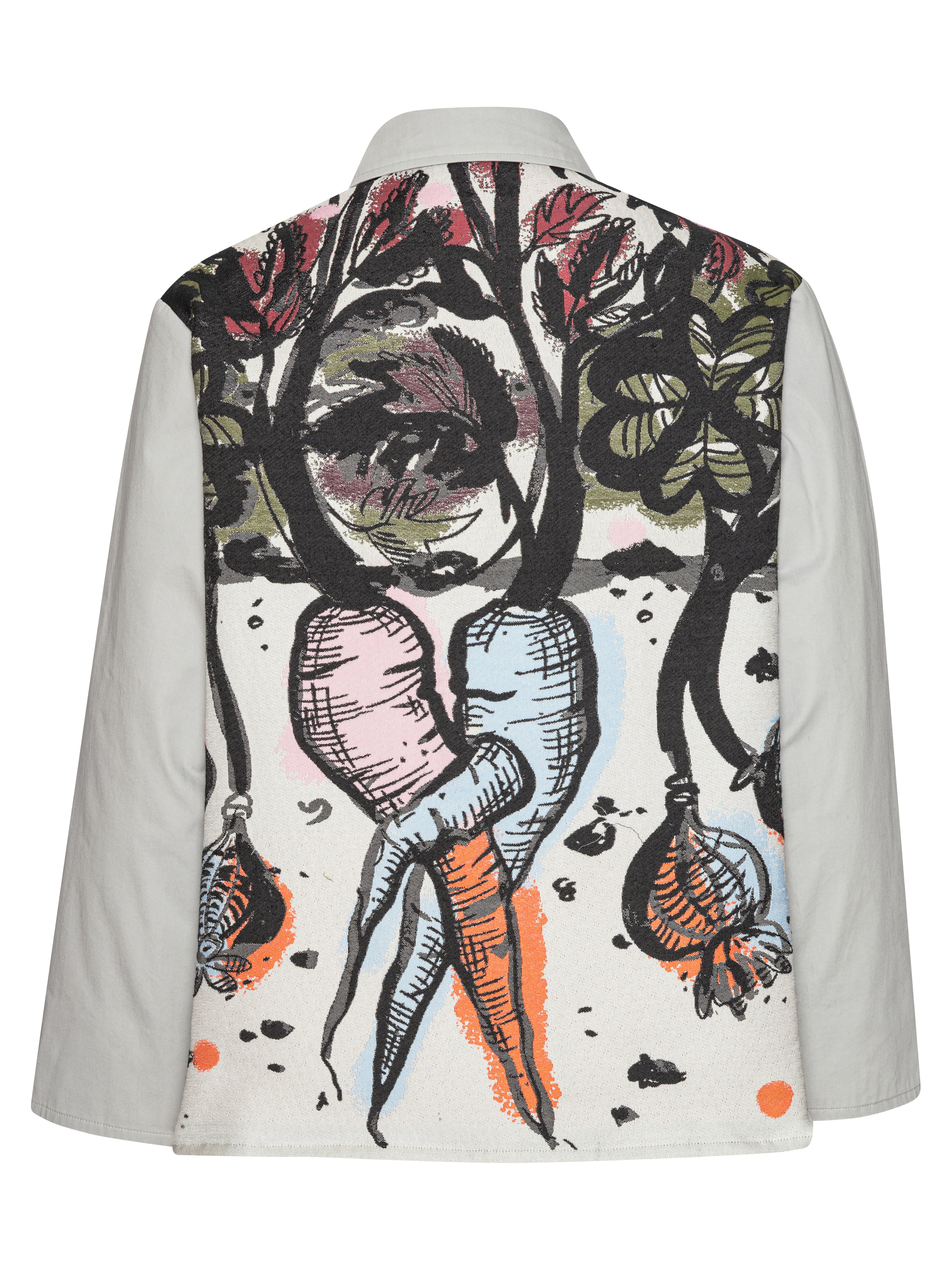 Back full-body packshot of the Care Jacket in Carrots from Henrik Vibskov Spring/Summer 2026 Studio Collection, showing the full carrot-patterned design, multicoloured hues, and straight hem.