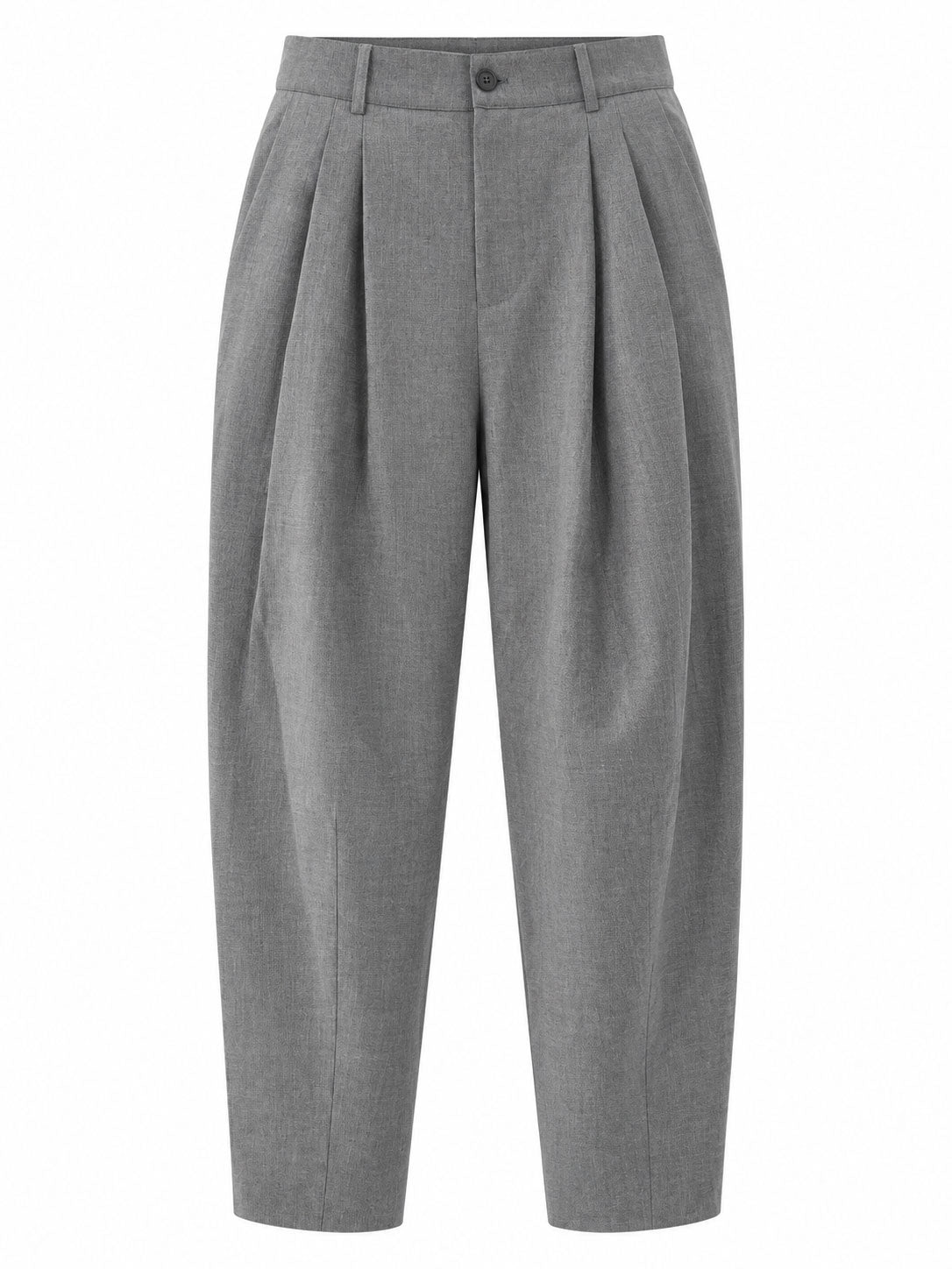 Henrik Vibskov Claus Suit Pants in Grey, front view with pleated waist and tapered silhouette