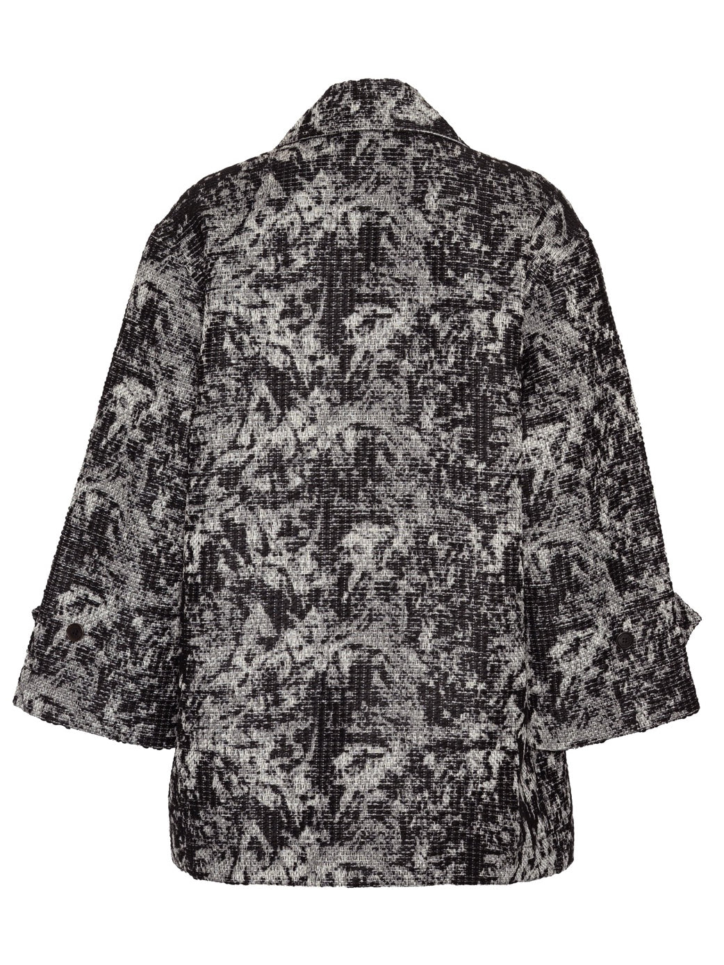 Henrik Vibskov Dimout Coat in Black 3D White, back view, textured jacquard tweed pattern, oversized fit, turn-back cuffs