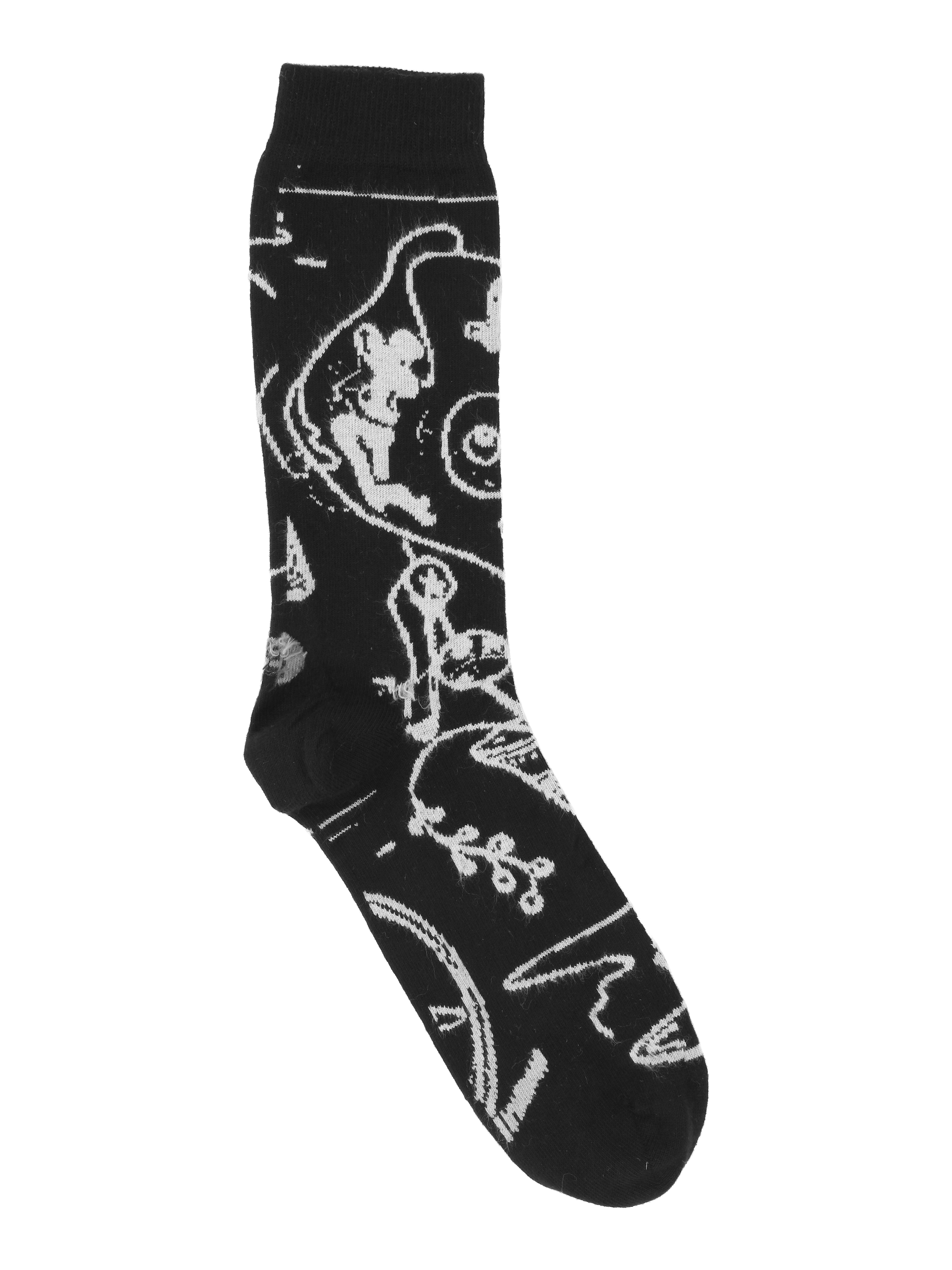 Packshot of the Doodle Socks in Black Doodle from Henrik Vibskov Spring/Summer 2026 Studio Collection, showing the black socks with a white doodle-style design.