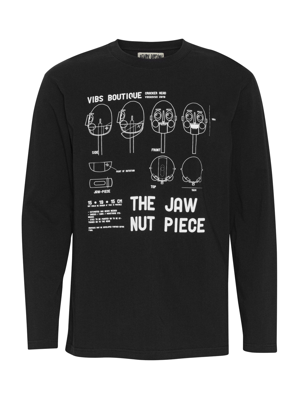 Henrik Vibskov Jaw Nut Piece Tee in Black organic cotton with long sleeves, crew neckline and white technical drawing graphic print