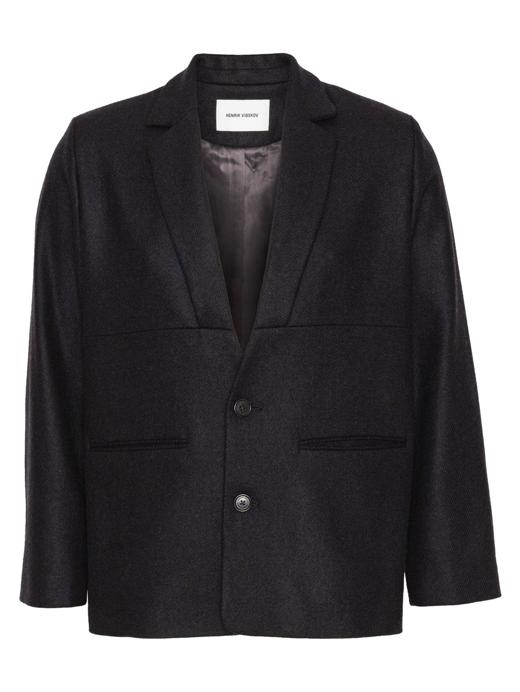 Henrik Vibskov Lonely Blazer in Black, front view, soft black wool, notched lapel, two-button fastening, flap and welt pockets, dropped shoulder seam, relaxed fit