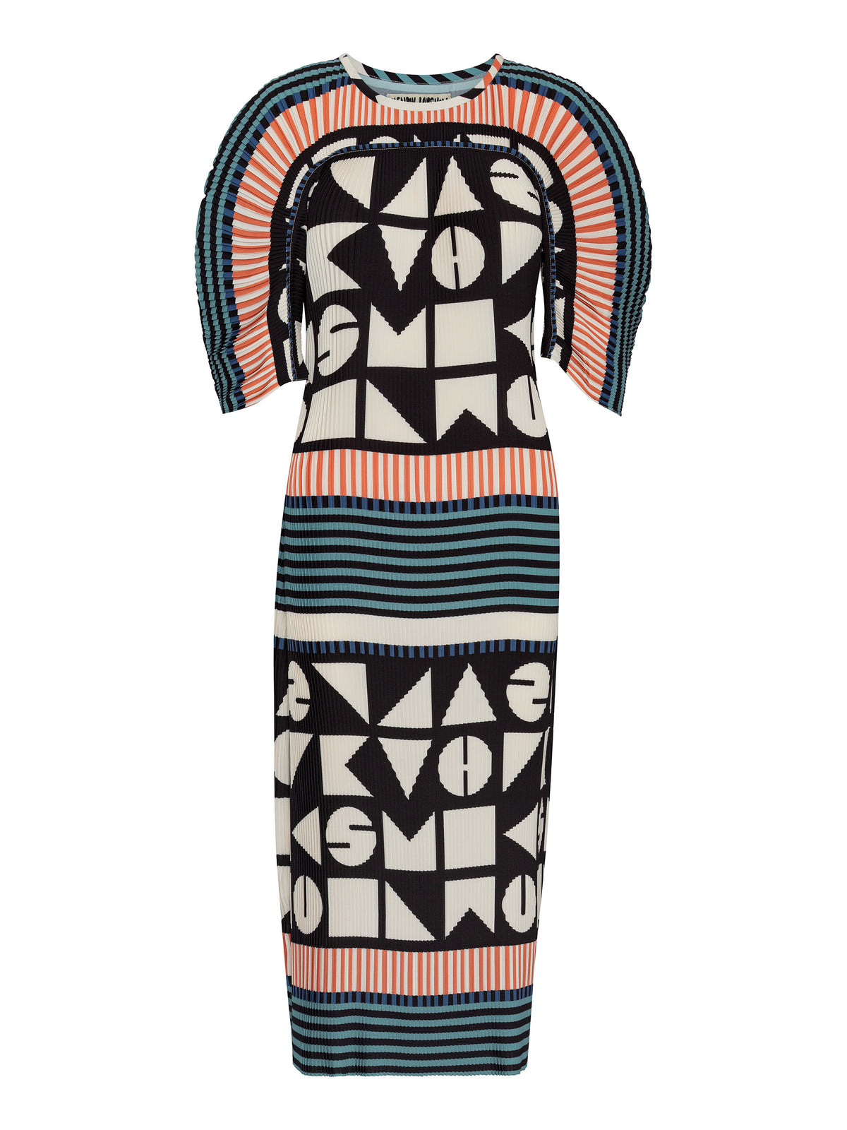 Henrik Vibskov Lupu Plisse Dress in Vibs In Bobs shown from the front, featuring geometric graphics, striped panels and a pleated midi silhouette.