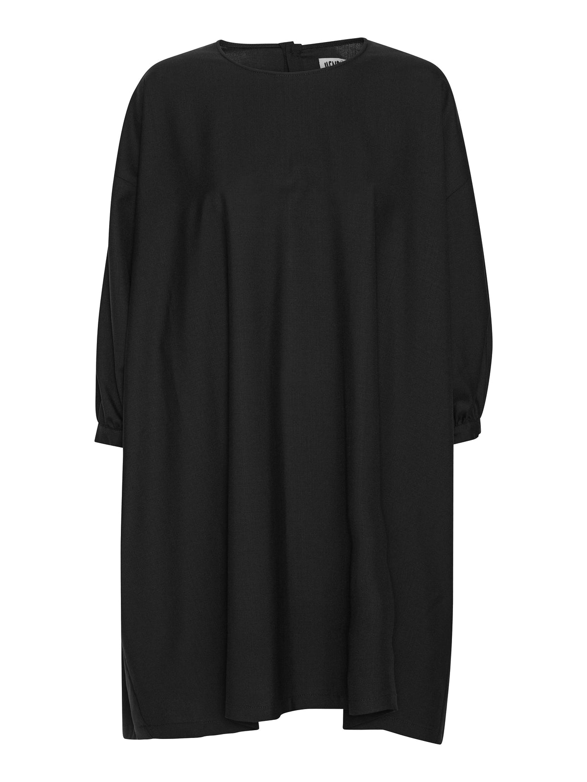 Henrik Vibskov Non Chalant Dress in Black, front view showing an oversized loose silhouette, round neckline and gathered long sleeves.