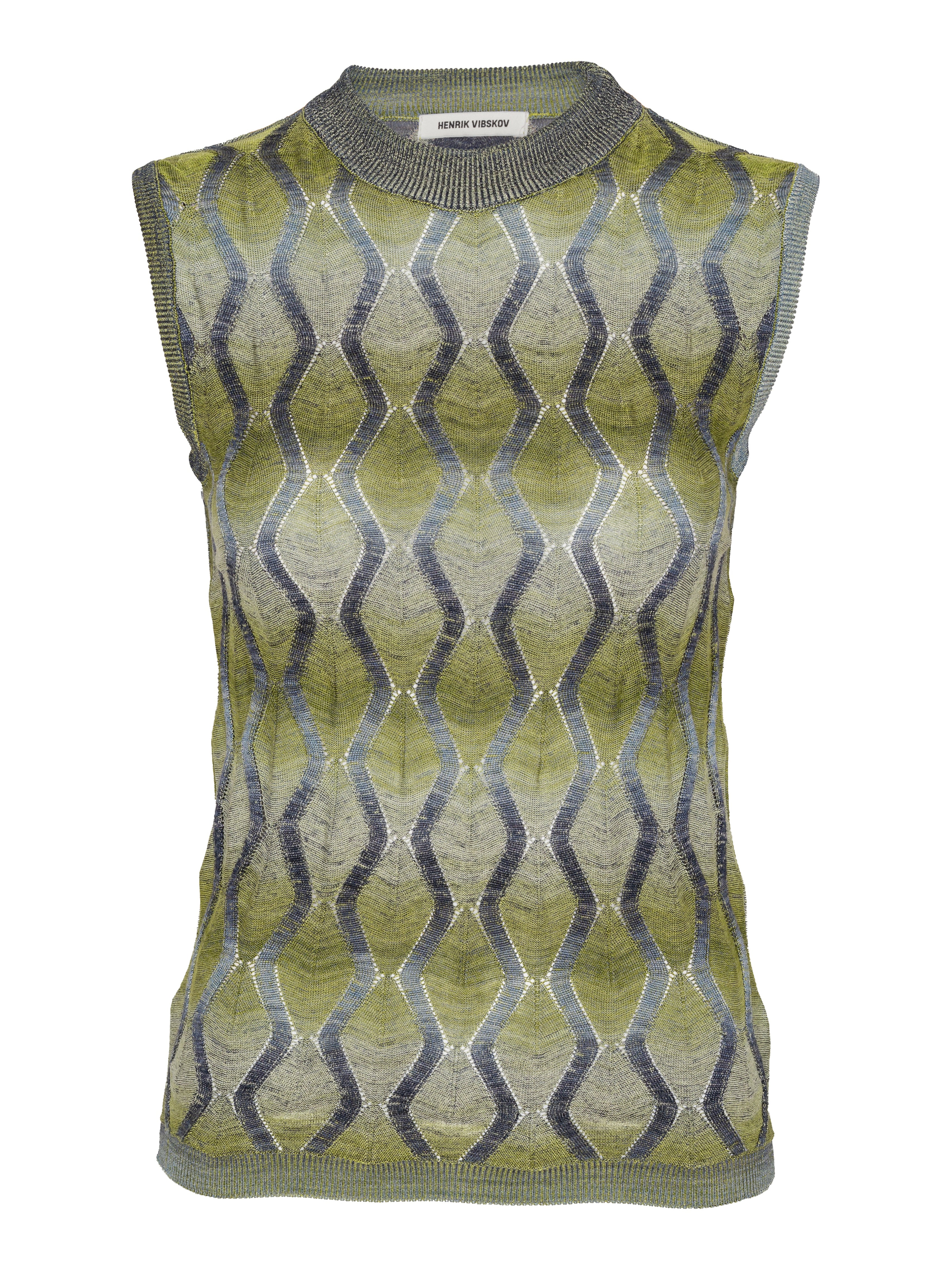 Henrik Vibskov Resonance Top in Multi Flame, front view, sleeveless green top with silver pattern, snug round neck, ribbed hems, and lightweight viscose fabric from SS26 collection.