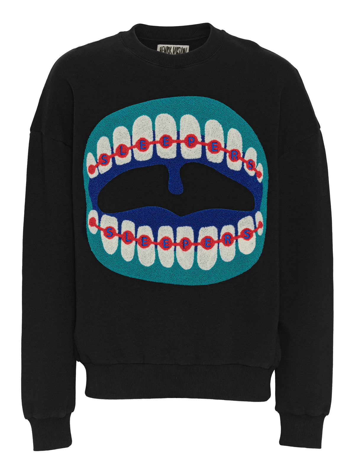 Henrik Vibskov Sleeper Mouth Sweat in Black shown from the front, featuring an oversized textured mouth and braces graphic with SLEEPERS lettering.