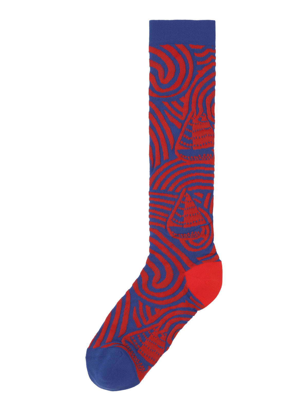 Henrik Vibskov Stormy Sea Socks in Blue Red Stormy Sea shown flat, featuring a graphic wave pattern, sailboat motifs and contrast toe and heel.