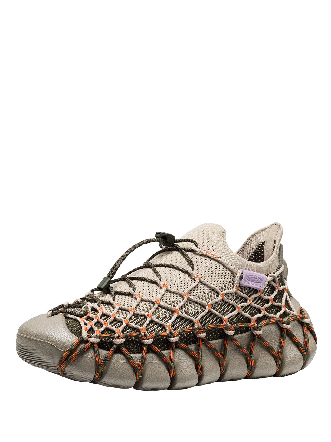 Henrik Vibskov x KEEN UNEEK 360 Womens Sneaker in Brindle Scarlet Ibis - front three-quarter view showing knit upper with olive and orange cord detailing on sculpted grey sole