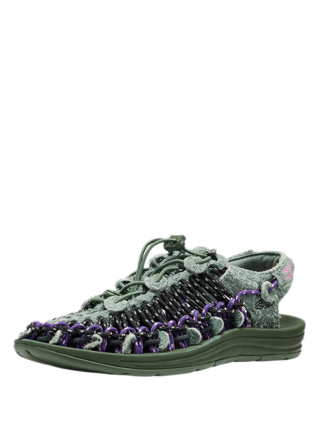 Henrik Vibskov x KEEN UNEEK LEA Sandal in Bronze Green - front three-quarter view showing woven cord upper with purple and black detailing on dark green sole