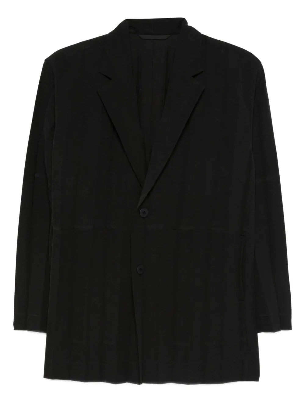 Black blazer with large plissé from Homme Plissé Issey Miyake on a white background.