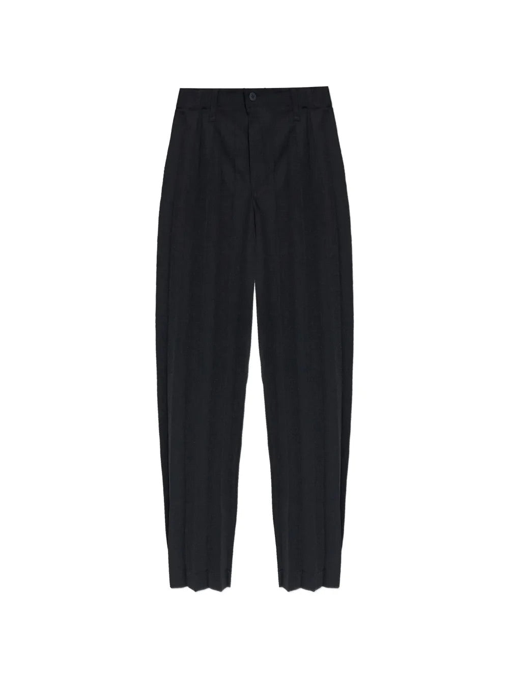 Edge Ensemble Pants in Black by Homme Plissé Issey Miyake, front view of slim-leg black trousers with large plissé pleating, belt loops and two side slit pockets