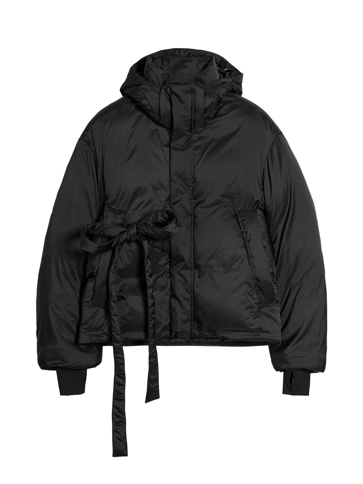 Y-3 Hooded Puffer Jacket in Black - flat lay showing oversized puffer silhouette with hood and belted waist detail