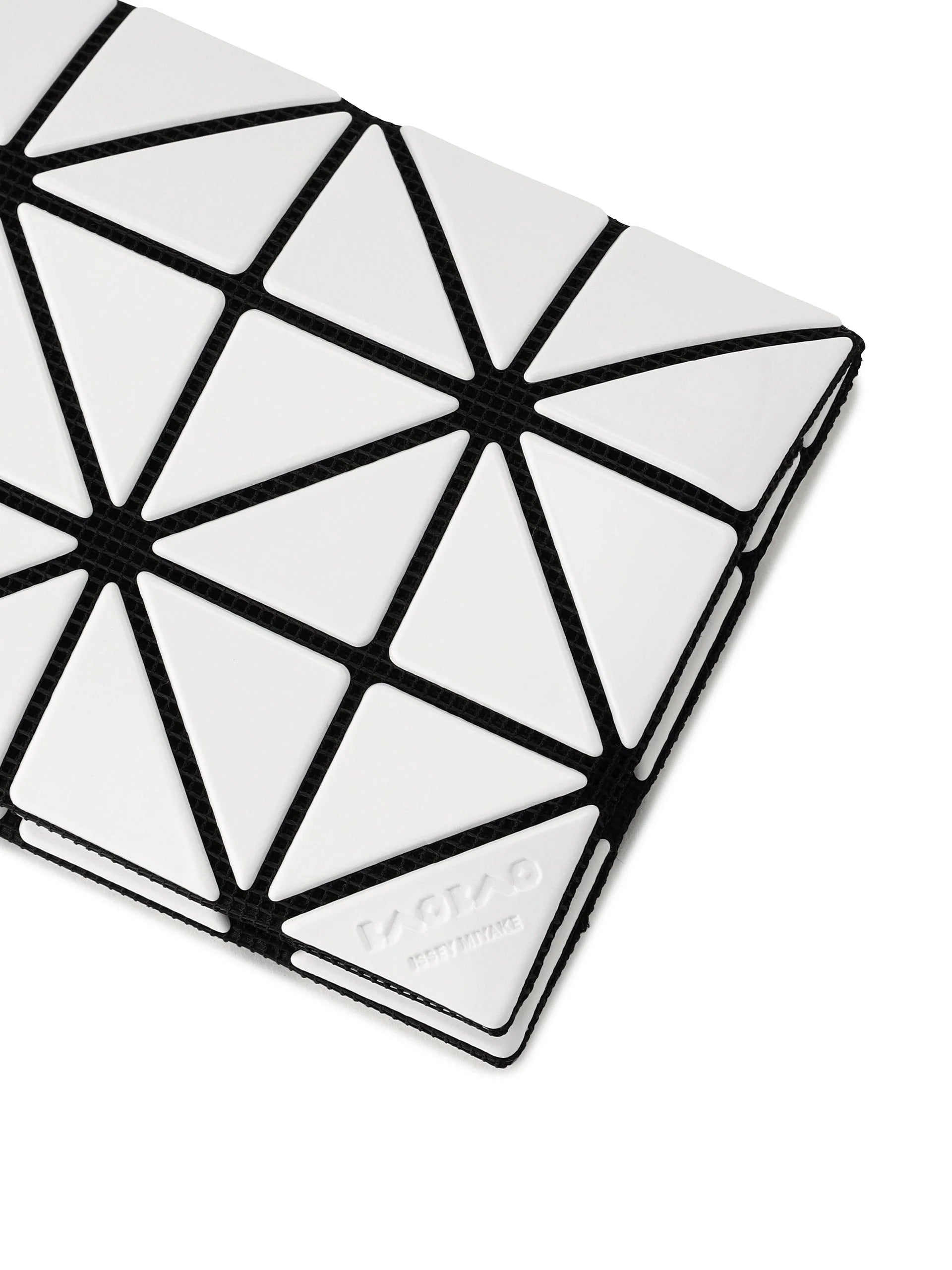 Close-up of the Bao Bao Issey Miyake August AW26 Card Case in White showing geometric panels and embossed logo