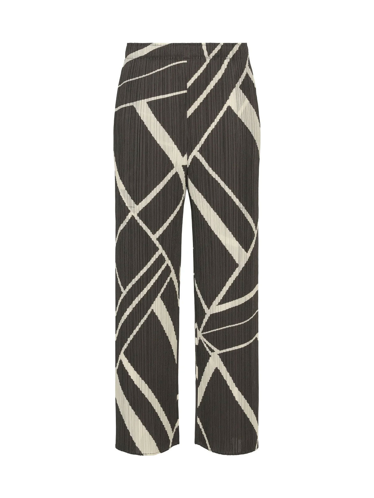 PLEATS PLEASE ISSEY MIYAKE Fold Line Pants in Charcoal with abstract cream line print and pleated straight-leg silhouette