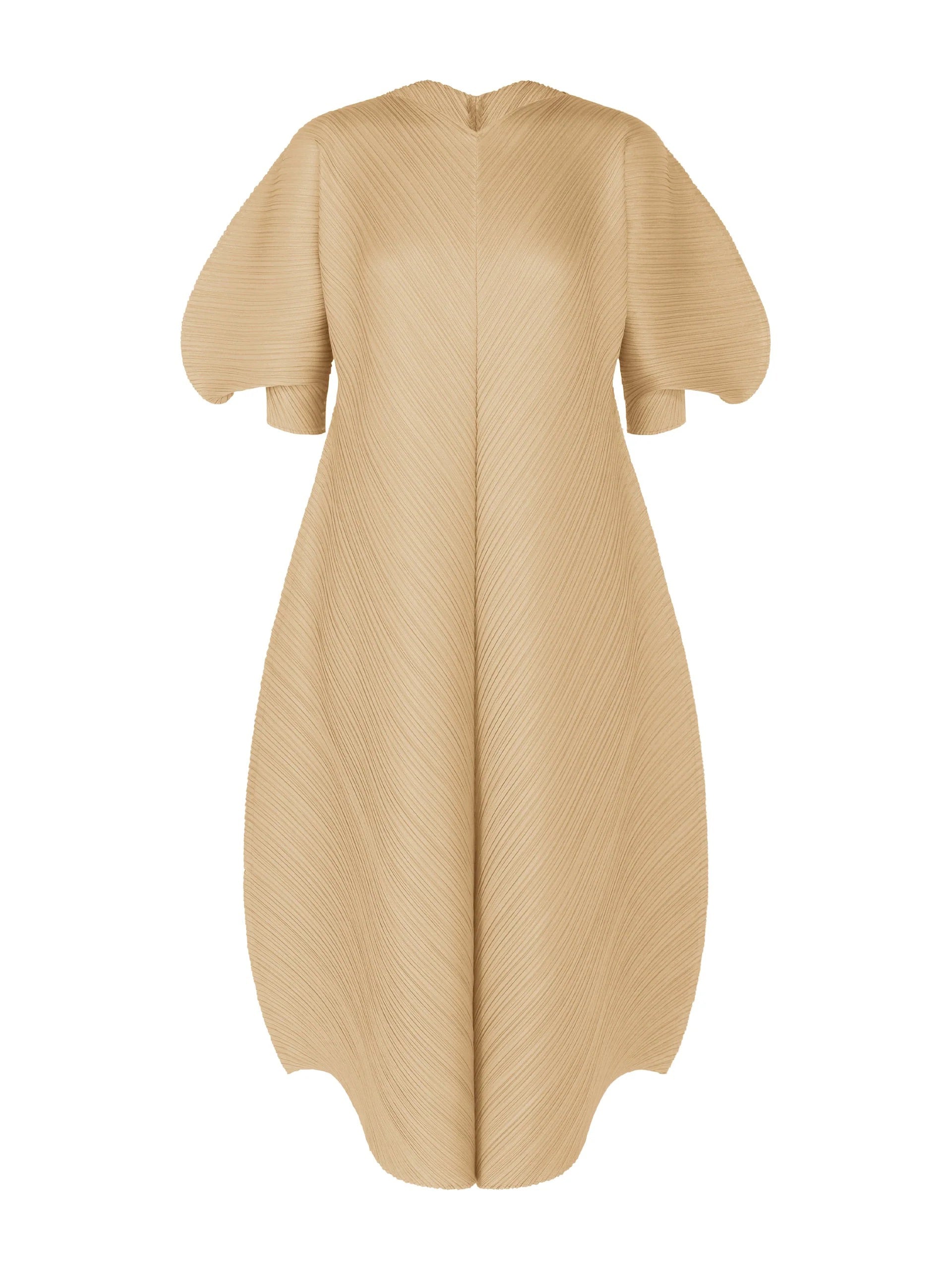 Issey Miyake Pleats Please Coast Dress in Sand Beige, back view, sculptural diagonal pleating radiating from centre, voluminous balloon sleeves, V-neckline, A-line midi length, warm sandy beige, SS26