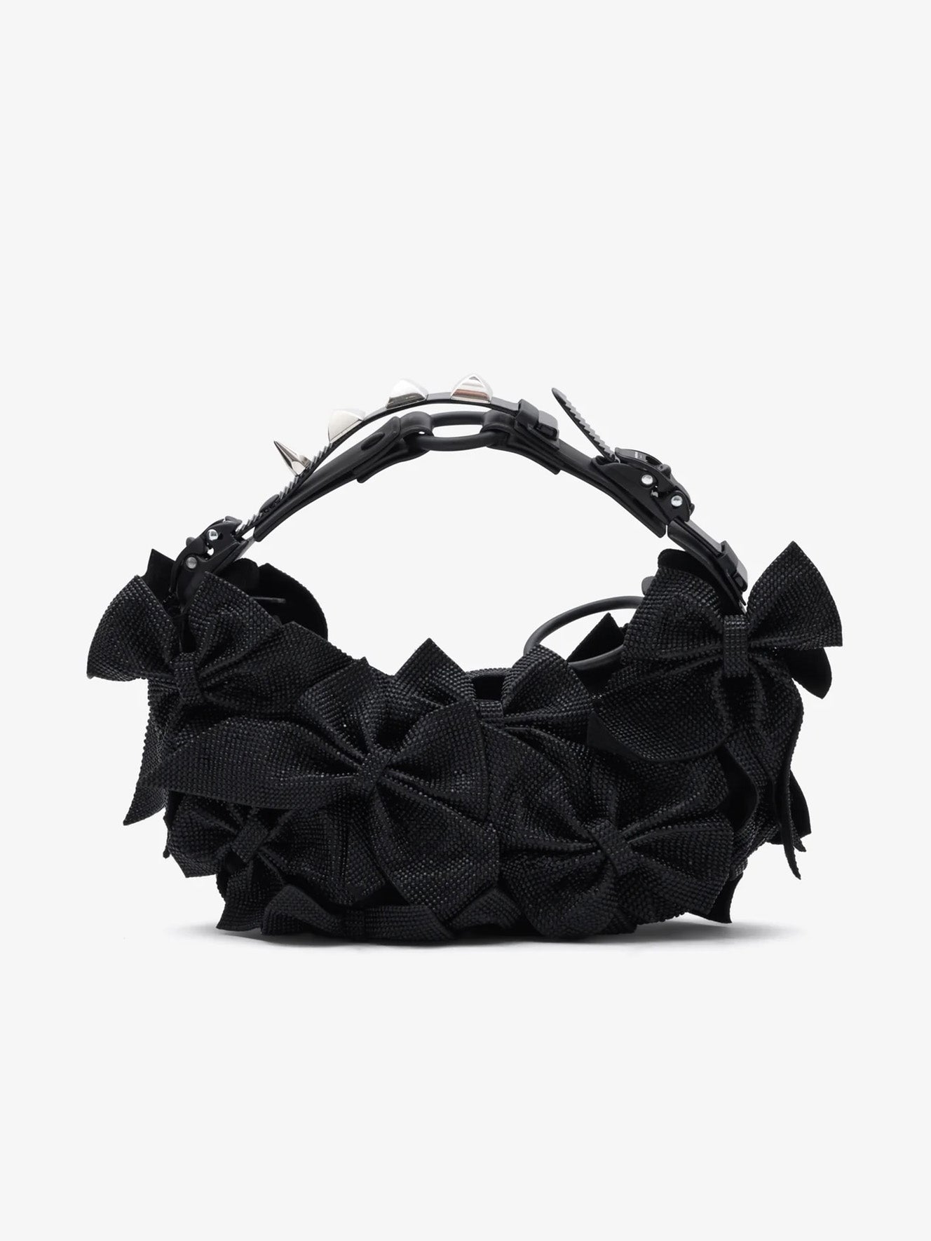 Back view of the Junya Watanabe Innerraum Bag in Black, showing the layered bow embellishments, compact silhouette and hardware-detailed handle.
