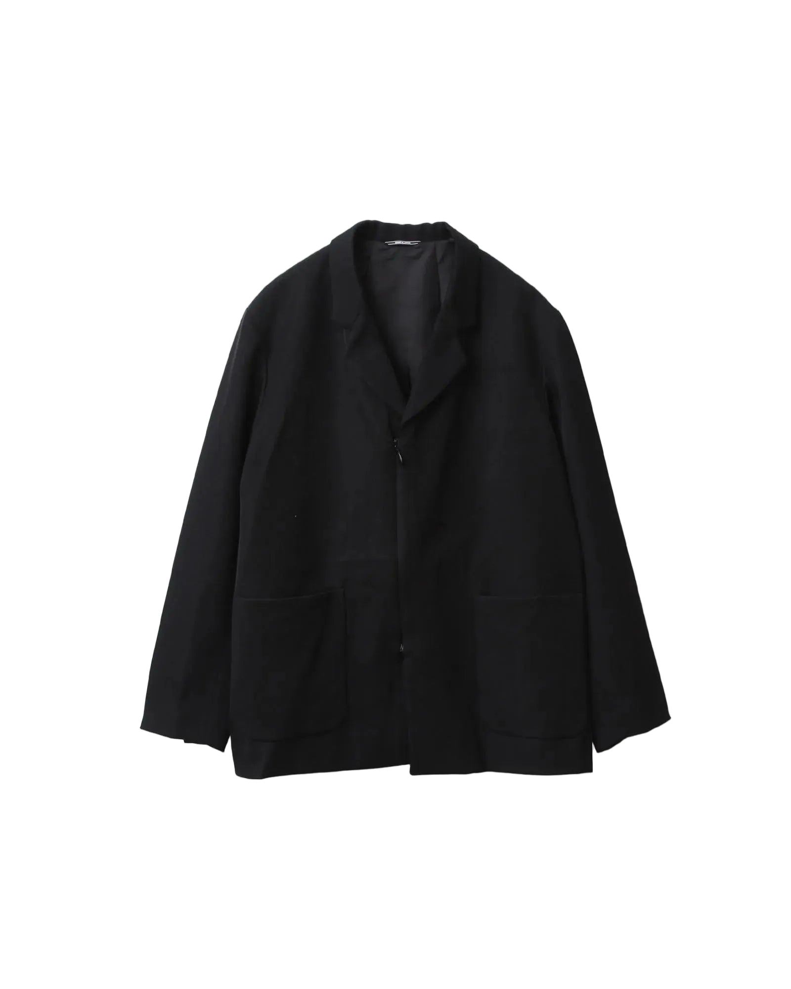 Kiko Kostadinov Votive Zip Blazer in black Japanese wool twill with a relaxed fit, invisible zip-front closure, patch pockets and pleated back vent detail