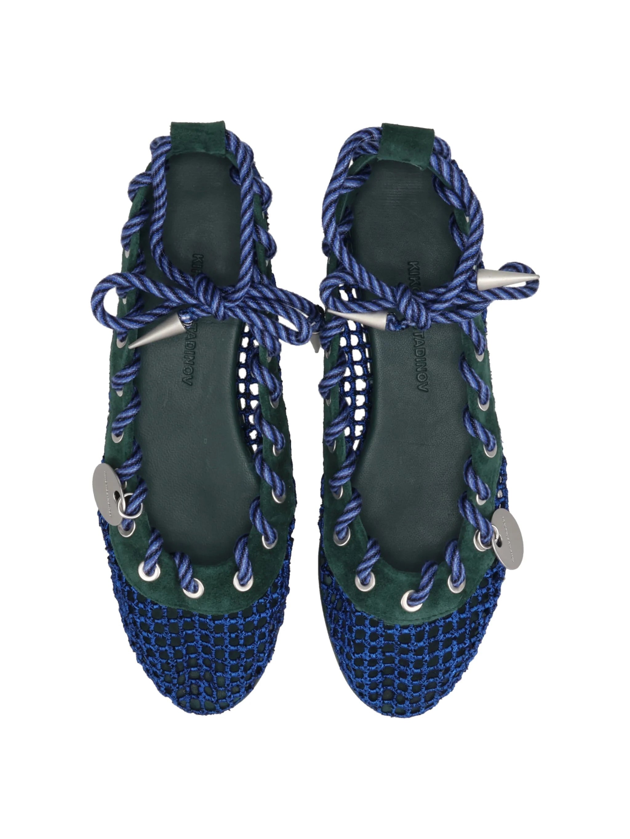 Kiko Kostadinov Reticella Ballerina in Sapphire, top-down pair view, full point coupé mesh upper texture, twisted rope lacing, branded silver disc charm, green suede trim detail