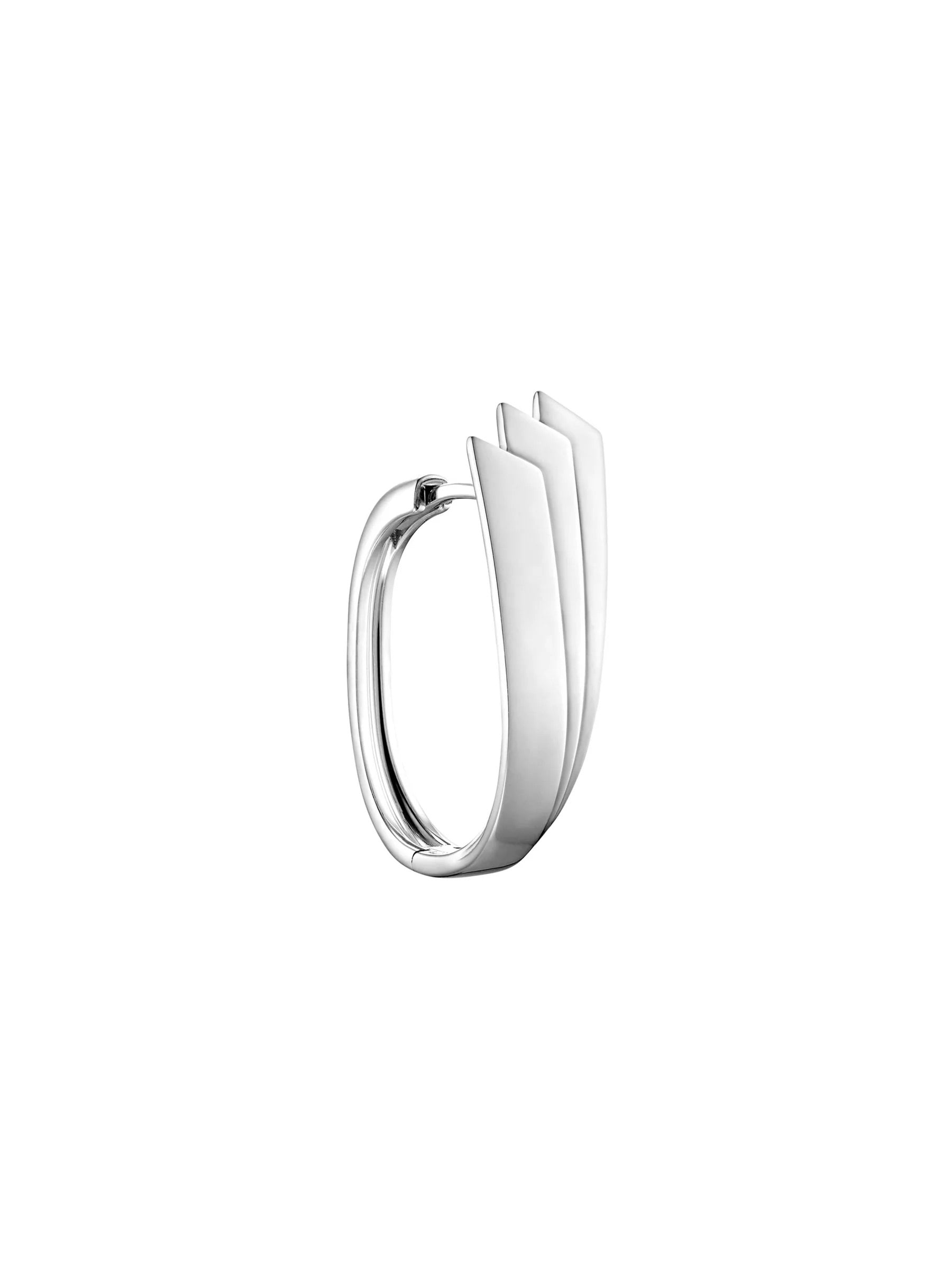 Side view of Kinraden Symmetry Earring in recycled sterling silver showing curved hoop fastening and folded front detail