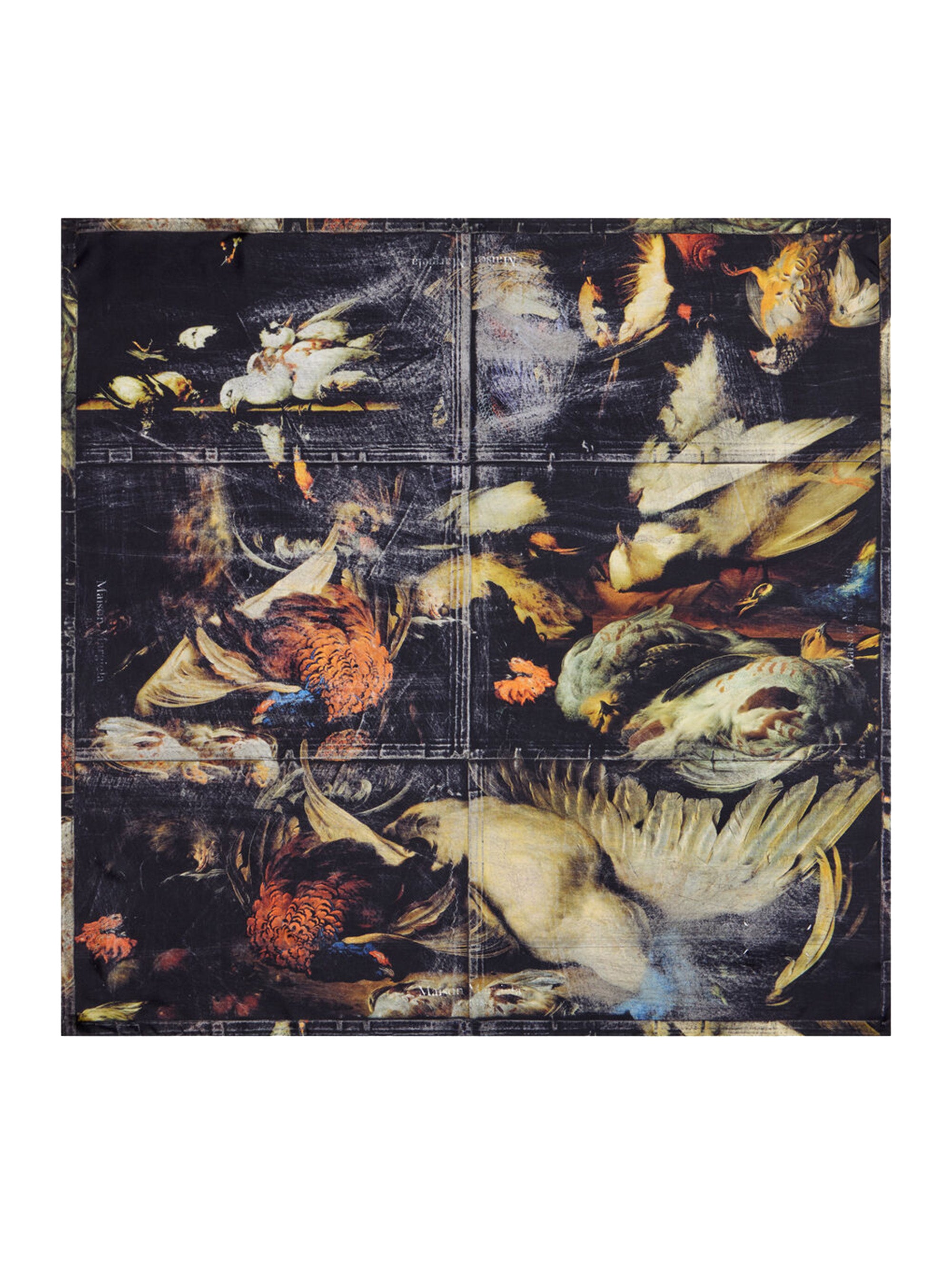 Maison Margiela Birds Silk Foulard Square 90 in multicolor silk, flat lay showing Dutch Masters-inspired bird print with pheasants and doves on dark ground