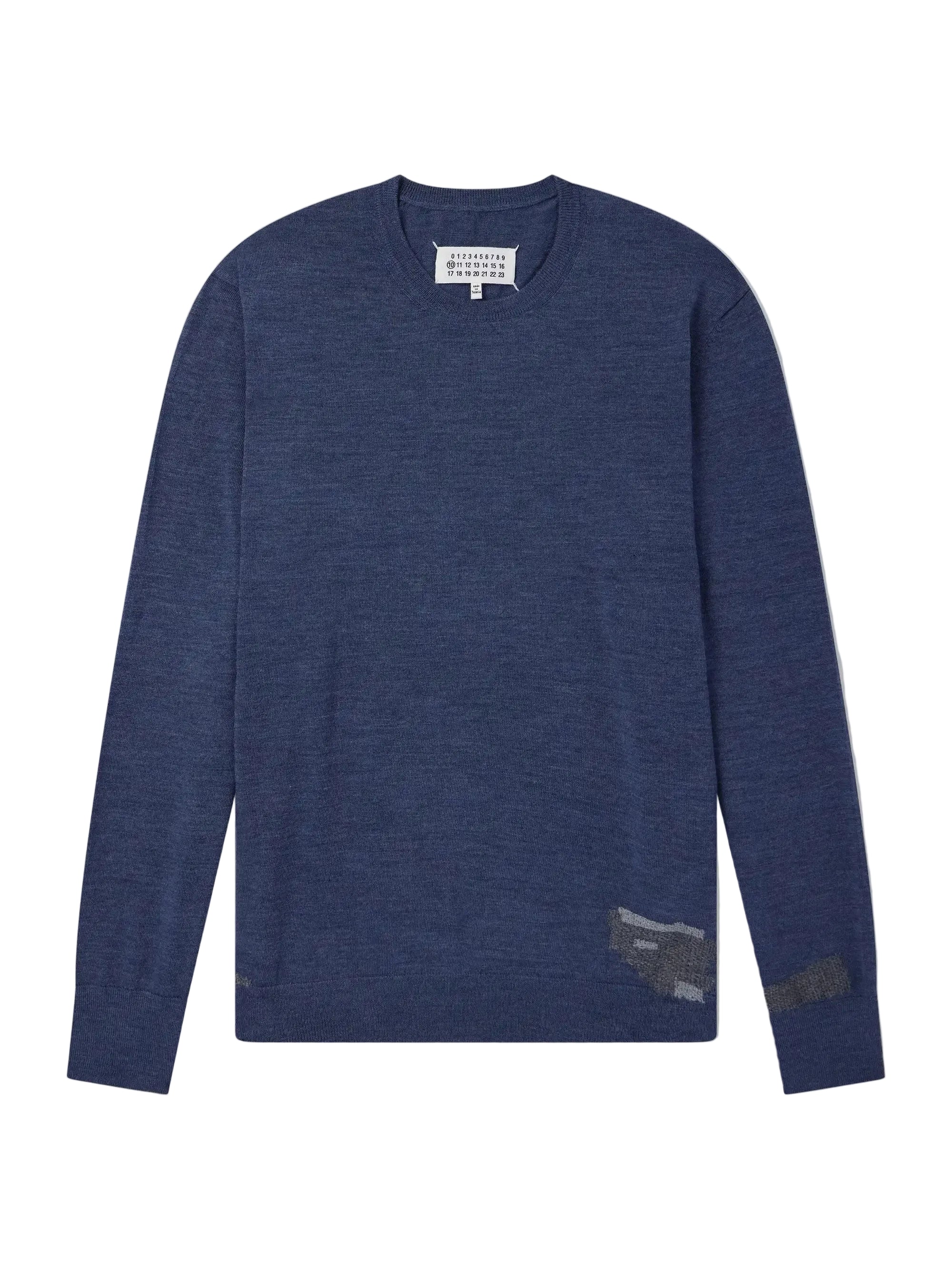 Maison Margiela Crewneck in Blue shown from the front, featuring a fine knit, round neck, long sleeves and distressed contrast details at the hem and cuff.
