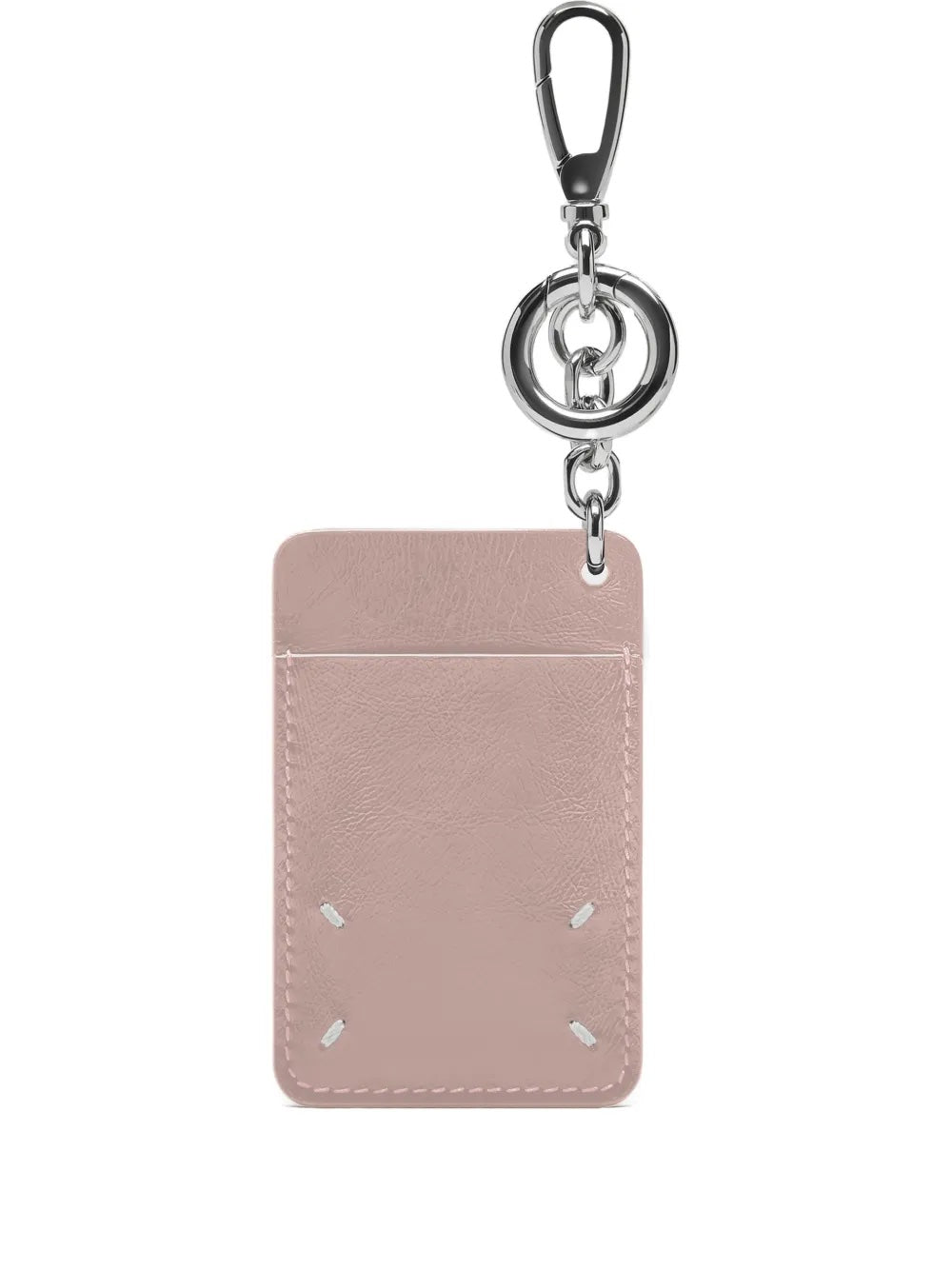 Close-up view of the Maison Margiela Keyring Card in pink leather, highlighting the smooth finish and the signature four white stitches.