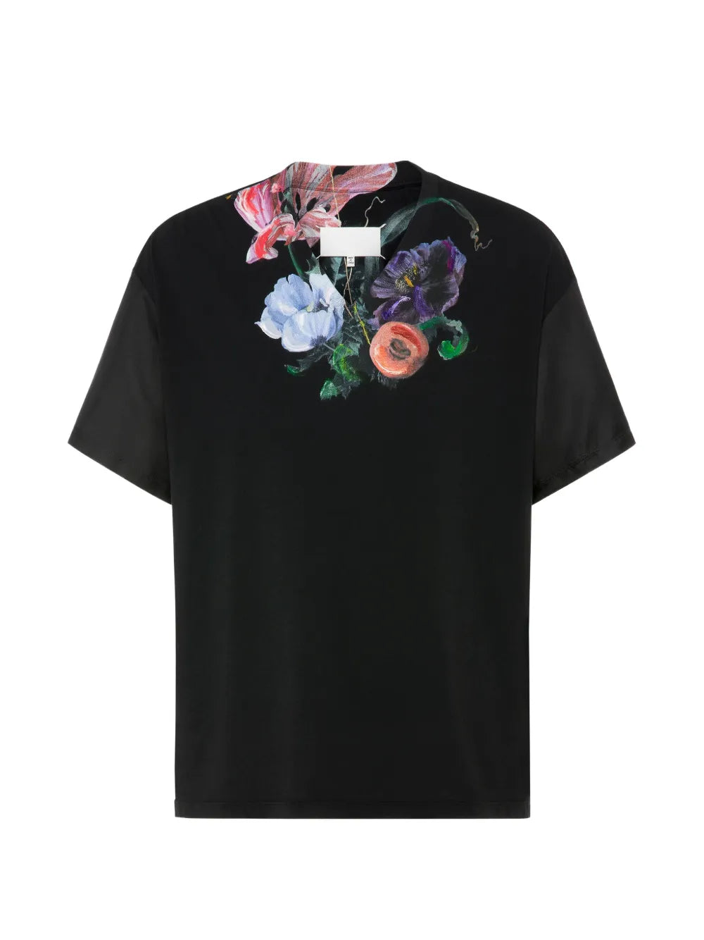 Maison Margiela Painted Floral T-Shirt in black, front view, oversized boxy fit with old master floral print at neckline