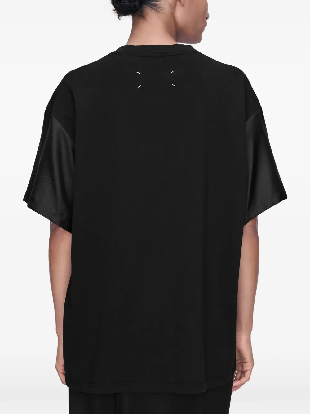 Maison Margiela Painted Floral T-Shirt in black, back view, four-stitch logo and satin sleeve contrast