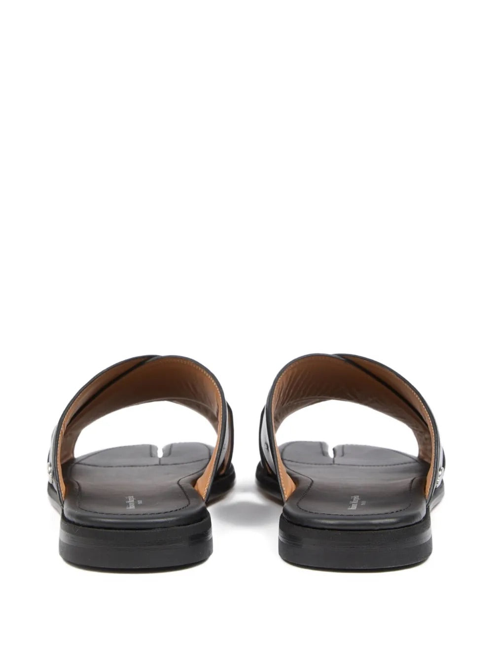 Tabi Numbers Crossed Sandal in Black black calf leather flat sandal with crossover strap and split toe, back view – Maison Margiela