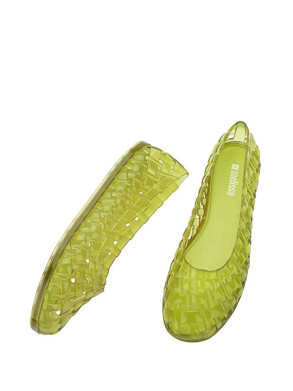 Melissa Possession Ballerina in Green - side view of pair showing semi-transparent green woven ballerina flat silhouette