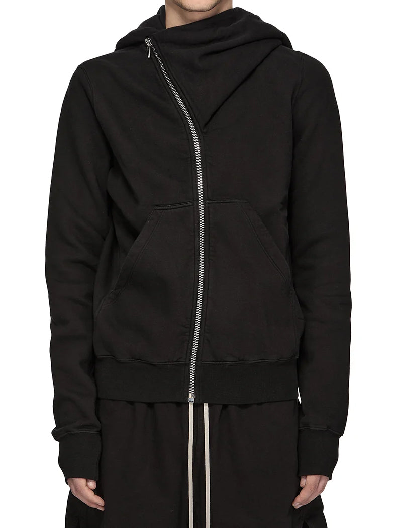 Rick Owens DRKSHDW Mountain Hoodie in Black worn on a model, showing the hip-length fit, front pockets and elongated sleeves.