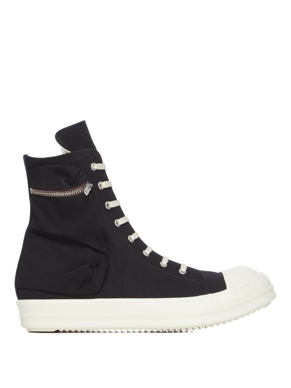 Side profile of the denim Cargo sneakers from Rick Owens DRKSHDW on a white background