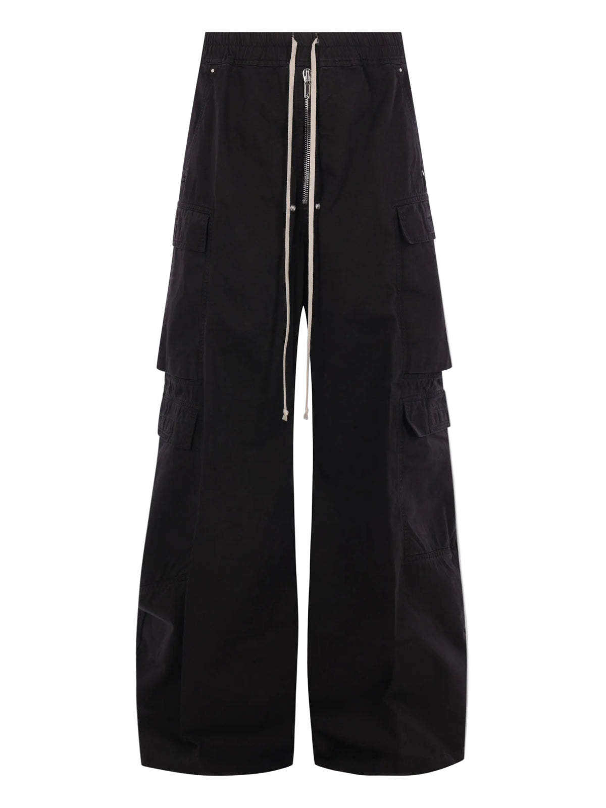 Rick Owens DRKSHDW Double Cargo Jumbo Belas in Black, front product view with wide legs, drawstring waistband and multiple cargo pockets