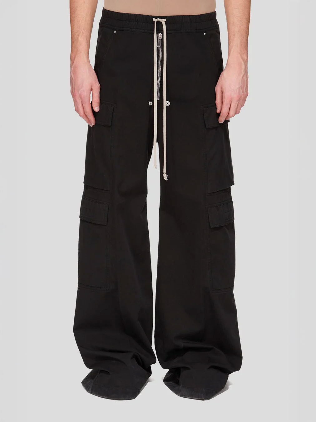 Rick Owens DRKSHDW Double Cargo Jumbo Belas in Black worn on model, showing the oversized wide-leg silhouette and cargo pocket detailing