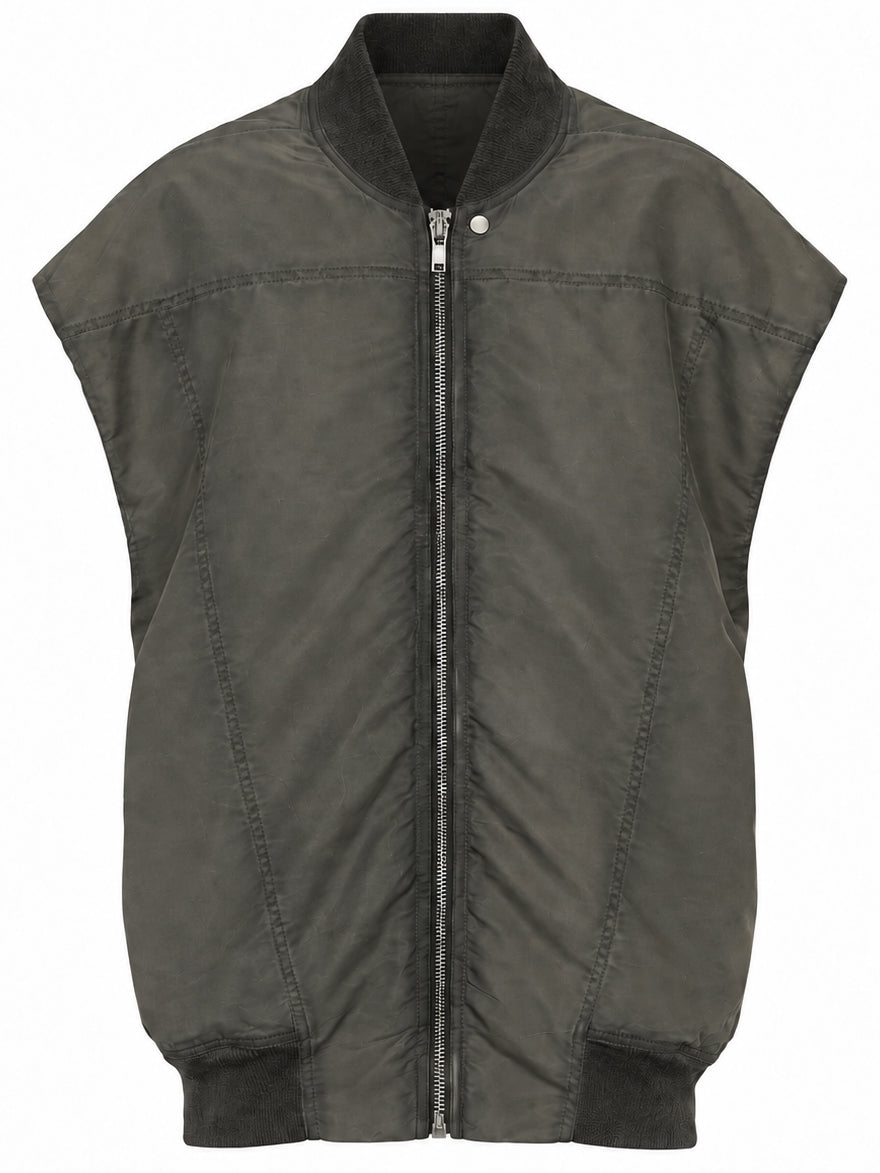 Rick Owens DRKSHDW Jumbo SL Flight Vest in Dark Dust, front product view with ribbed bomber collar, metal zip and oversized sleeveless silhouette.